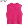 Zeefity vrouwen effen kleur haak casual slanke korte breien vest trui vrouwelijke chique o hals mouwloze vest tops SW697 210603