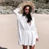 Beach Cover Up Bikini Swimwear Women Dress Shirt Tunics Robe De Plage Solid White wear Bathing Suit 210521