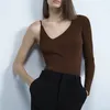 BLSQR Women Stretchy Slim Knitted Blouses Fashion Sexy Asymmetric Neck One Long Sleeve Female Tops Office Streetwear Blouse 210430