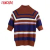 Tangada Chic Women Striped Turtleneck Sweater Vintage Ladies Short Style Sweet Knitted Jumper Tops BE187 210609