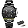 Lige evighet LG9877 Sport Mens Klockor Datum Silvery Pointer Blacks Ring Japan VK Quartz Chronograph Movement Män Klockor Svart Stål Väska Rostfritt Armband