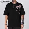Gonthwid hajuku broderi kranar körsbärsblommor blommor t-tröjor män casual kortärmad topp tees hip hop streetwear tshirts 210623