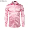 Camisa de vestido de luxo de cetim de seda rosa masculina marca fina camisa de smoking de manga comprida masculina clube de casamento festa dança baile de formatura camisas 210522