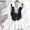 Neploe Two Piece Outfits for Women Puff Sleeve Shite Shirt Tops Cowboy Vest Fall Clothes Korean Fashion Suit 2 Piece Set Female 210422