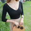 Womengaga Kore Sonbahar Seksi V Yaka Çeyrek Kollu T-shirt kadın Elastik Sıkı İnce Backless Alt Tees Top 45OX 210603