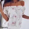 Damskie Bluzki Koszule Kobiety Off Ramię Kwiatowa Bluzka Koszula Sexy Topy Los Loose Flower Print Summer Moda 3/4 Rękaw Slash Neck Top