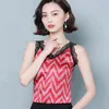 Korean Silk Women Tops Woman Striped Camis V-neck Lace Tanks Satin Sleeveless Top Print Plus Size 210427