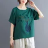 夏の芸術のスタイルの女性半袖緩いティーシャツの花の花瓶刺繍コットンリネンTシャツプラスサイズのフェムミトップM632 210512