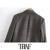 Mujeres moda recortada cheque blazer abrigo vintage manga larga con hombreras ropa exterior femenina chic tops 210507