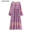 Bohemia Bandage Lacing up Collar Lavender Floral Print Dress Ethnic Woman Hit Color Long Sleeve Maxi Holiday Dresses 210429