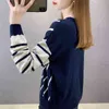Плюс размер 4XL Свободная кнопка Лоскуж Полосатые вязаные Пуловеры Женщины Корейский стиль Несимометрический трикотаж Топы Весенние свитеры 210522