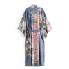 Bohemian V Neck Pea Flower Print Long Kimono Shirt Ethnic Lacing Up Sashes Cardigan Loose Blouse Tops Femme 210719