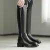 Natural Genuine Bloco De Couro Salto Botas Botas Mulheres Longa Sapatos Zip Heule Mid Hoteu Alto Outono Inverno Preto 210517