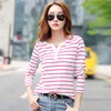 Frühling Plus Größe V-ausschnitt T-Shirt Frauen Langarm Streifen T-shirt Herbst Casual Mode Koreanische Baumwolle T-stück Lose Dame Kleidung 210510