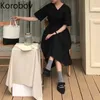 Korobov lös galen stil sommar grundläggande klänning kvinnor hög midja höft en linje solid vestido v neck puff kortärmad långa ropa 2a588 210430