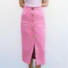 Mode Avec Poches Tweed Vérifier Midi Jupe Femmes Vintage Taille Haute Avant Fente Bouton Femme s Mujer 210430