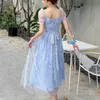 Moda elegante manica a sbuffo maglia lunga vacanza abito da fata donna casual festa spiaggia estate principessa abito femme 210514