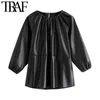 Women Fashion Faux Leather Patchwork Loose Blouses Vintage O Neck Three Quarter Sleeve Female Shirts Chic Tops 210507