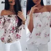 Damskie Bluzki Koszule Kobiety Off Ramię Kwiatowa Bluzka Koszula Sexy Topy Los Loose Flower Print Summer Moda 3/4 Rękaw Slash Neck Top