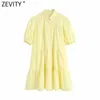 Kobiety Po prostu Solidne Kolor Casual White Slowdress Office Lady Puff Sleeve Plds Vestidos Chic Wypoczynek Big Swing Dresses DS3438 210623