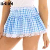 Mężczyźni Kobiety Sexy Clubwear Kostium Dance Spódnice Elastyczne Pasek Krótki Z Koronką Hem Plised Gingham A-Line Mini 210629