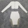 Free Fashion Diamond Tassel Bandage Skirt Set Sexy V-neck Long Sleeve Short Top & High Waist 2-piece 210524