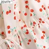 Zevity Women Sweet Cherry Print Hem Lace Up Ruffle Short Smock Blouse Lady French Style Beach Shirt Chic Crop Blusas Tops LS9364 210603