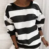 Autumn Black White Stripe Print Women Hoodies Fashion O Neck Striped Long Sleeve Loose Five-pointed Star Print Lady Sweatshirts 210507