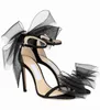 Famous Bridal Wedding Dress Women Sandals Shoes Mesh Bows AVELINE Stiletto Heel Ankle Strap Sexy Lady Pumps Black White Red Nude Gold EU35-43