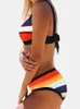 Women Colorful Stripe Print Back String Bikini Backless Swimwear Bathing Suits Striped Swimsuit KZ090 210621