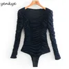 Vintage Dark Blue Draped Mesh Body Women Square Neck Długi Rękaw Body Femme Sexy Topy 210514