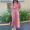 Korejpaa Women Dress Summer Korean Chic Ladies Sweet Age-reducing Rose Floral V-neck Cross-Tie Waist Puff Sleeve Vestidos 210526