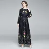 Llzacoosh piste automne vintage paon noir print floral robe maxi robe femmes lanterne manches à lacets de lacet o-cou boho robe longue mince 210514