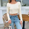 Ezgaga Striped Knitted Tops Women O-Neck Long Sleeve T Shirt Ruffles Solid All-Match Base Tee Autumn Casual Office Lady 210430