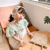 Girls summer fashion Court style retro jacquard blouses knitted cotton puff sleeve Tops 210508