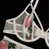 Nya kvinnors broderade spets underkläder uppsättning underwire samlad bh sexig garter bälte mesh gaze se-thong thong underkläder set x0526