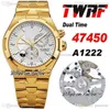 TWAF Overseas Dual Time 47450 A1222 Automatic Mens Watch 18K Yellow Gold Power Reserve Silver Dial Stick Stainless Steel Bracelet Super Edition Watches Puretime D4