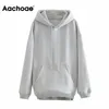 Aachoae Solid Loose Unisex Hoodies Sweatshirts 100% Cotton Fleece Hooded Sweatshirt Women Casual Long Sleeve Pullovers Tops 2020 Y0820