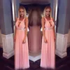 Pink Summer Chiffon Prom Dresses Plunging V Neck Pleated Crystal Beaded Evening Gowns Sexy Backless Party Dress