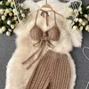 SINGREINY Women Summer Design Knitted Set Sexy Backless Halter Short Tops+Chic Hollow Wide Leg Long Pants Two Piece Suit 211105