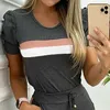 Women Set Casual Lounge Wear Two Piece Set Puff Sleeve Skinny Top And Jogging Drawstring Pants Suit Summer Striped Tracksuit 210709