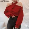 MATAKAWA French Elegant Cross Halter Design Women's Sweater Strapless Korean Pull Femme Loose Lantern Sleeve Knitted Sweaters 210513