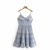 Zomer vrouwen tiered ruche gedrukte jarretel jurk vrouwelijke v-hals mouwloze kleding casual dame losse vestido D7601 210430