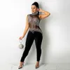 Sexy Hollow Out Sequin Jumpsuits Sexy Mesh Hot Boor Mouwloze Dameskleding Formele Zwarte Rhinestone Fringe Eendelige broek