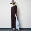 Johnature Simple Comfortable Women High Slit Dress Autumn Loose Vintage Cotton Linen Long Sleeve O-neck Female Dresses 210521