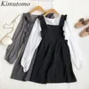Kimutomo Spring Girls Suit Stile preppy giapponese Abito carino con bretelle delicate + Camicia a maniche lunghe Donna in due pezzi 210521