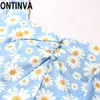 Summer Dress Sunflower Print Mini A Line Elegant Short Flora Sleeves Vestidos De Fiesta Blue Vintage Women 210527