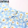 Abito estivo Girasole stampa mini una linea elegante flora corta maniche vestidos de fiesta blu vintage donne 210527