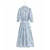 Jurk Blue Floral Print Lange Shirt Dames Zomer CottageCore Short Puff Sleeve Vrouw ES Casual ES 210519