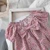 Girls Shirt Summer Floral Bow Blouse Fashion Children Short-sleeved Sweet Princess Top Girl Clothes 210515